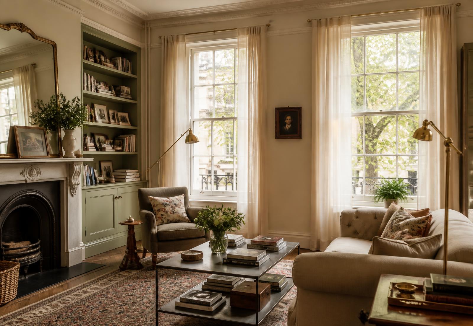 A sunlit London townhouse sitting room with sage joinery and layered textiles