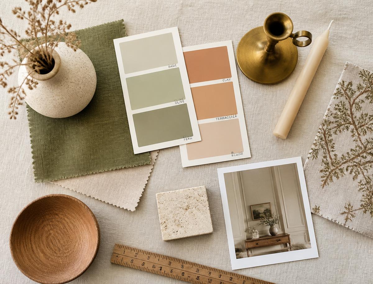 Paint swatches, linen samples and a brass candlestick laid out on cream linen